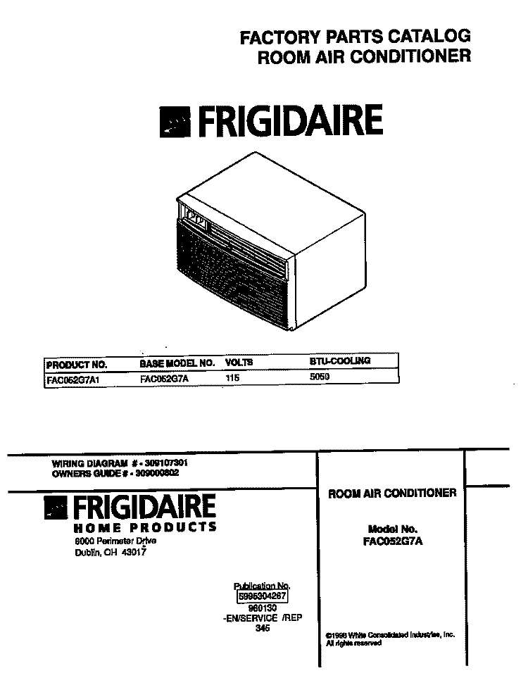 COVER Diagram and Parts List for FAC052G7A1  Frigidaire Air Conditioner