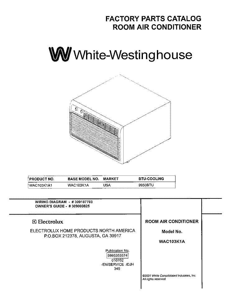 COVER Diagram and Parts List for WAC103K1A1  Westinghouse Air Conditioner