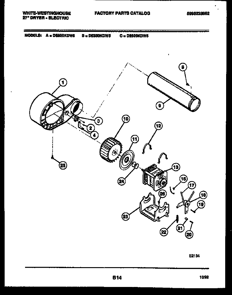 BLOWER AND DRIVE PARTS Diagram and Parts List for DE650KDW5  Frigidaire Dryer