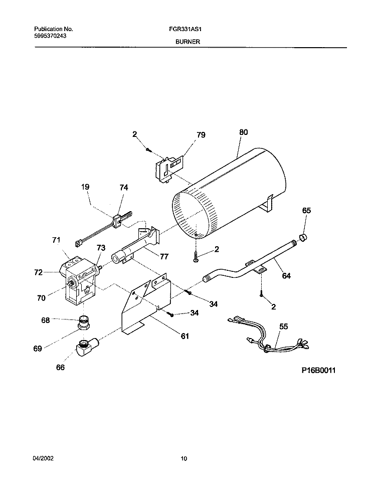 BURNER, VALVE Diagram and Parts List for FGR331AS1  Frigidaire Dryer