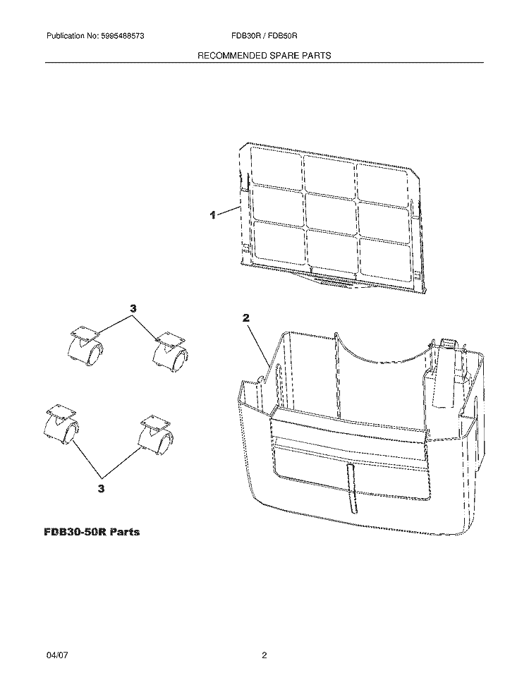 RECOMMENDED SPARE PARTS Diagram and Parts List for FDB50R1  Frigidaire Dehumidifier