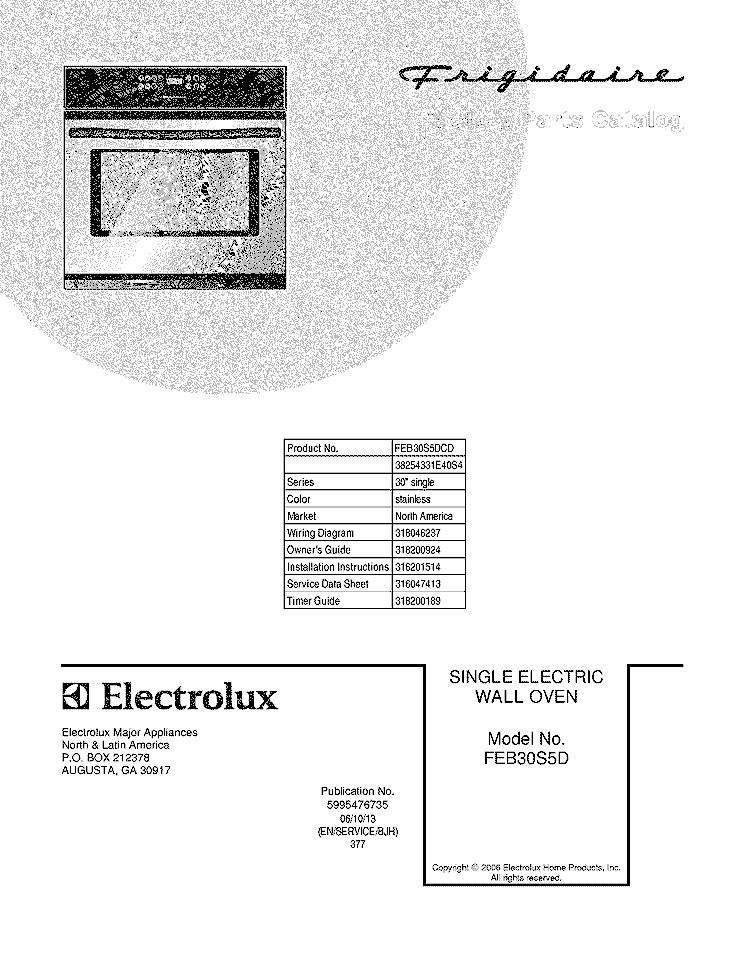 COVER Diagram and Parts List for FEB30S5DCD  Frigidaire Wall Oven