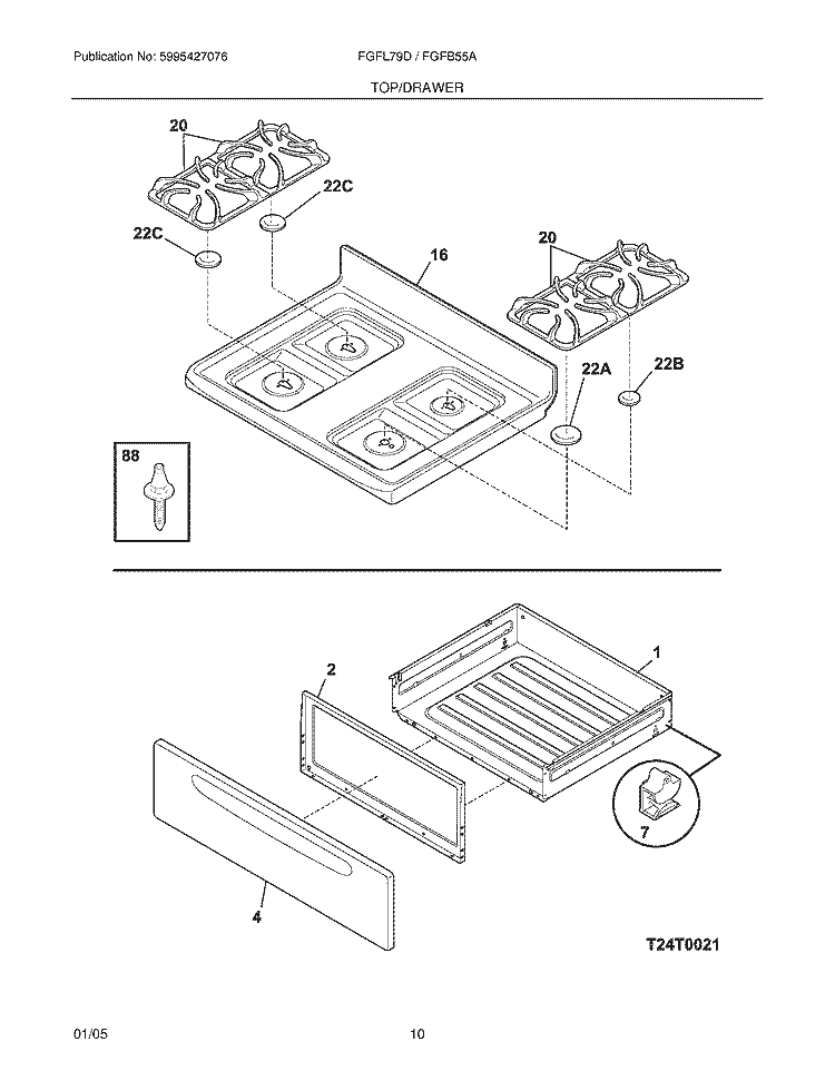 TOP / DRAWER Diagram and Parts List for FGFL79DBB  Frigidaire Range
