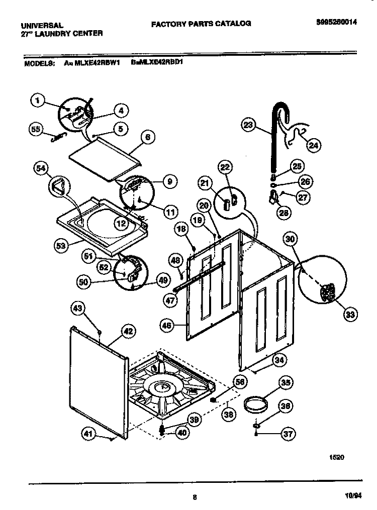 WASHER - CABINET, TOP PANEL, BASE Diagram and Parts List for MLXE42RBW1  Frigidaire Washer Dryer Combo