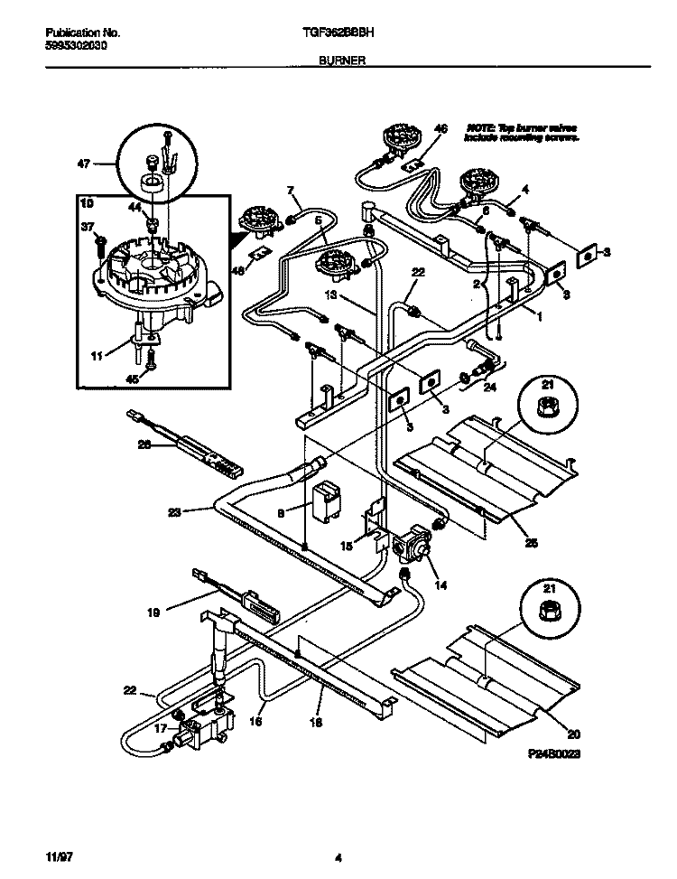 BURNER Diagram and Parts List for TGF362BBBH  Tappan Range