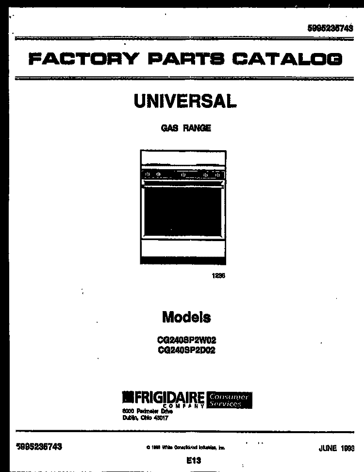 COVER Diagram and Parts List for CG240SP2L02  Frigidaire Range
