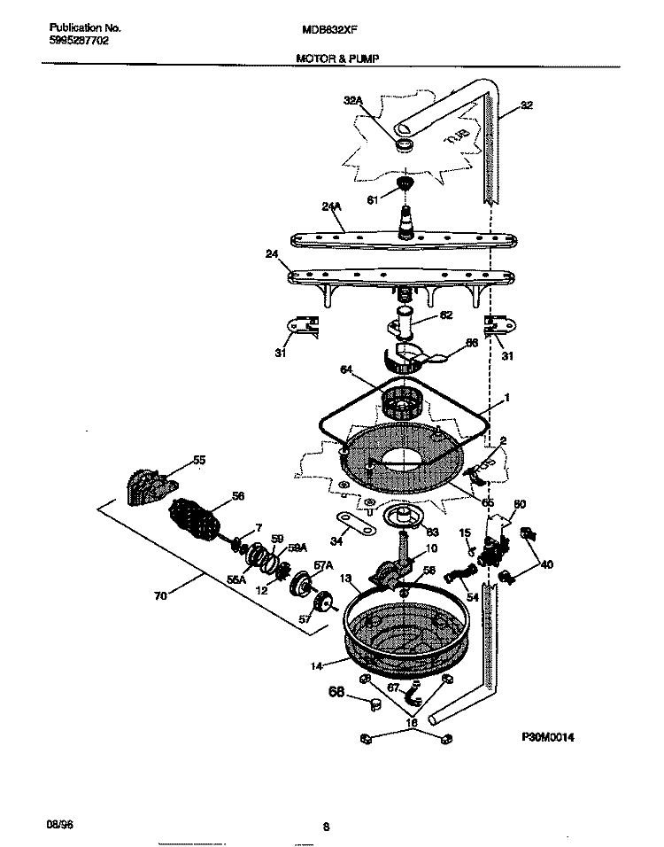 MOTOR & PUMP Diagram and Parts List for MDB632XFR0  Frigidaire Dishwasher