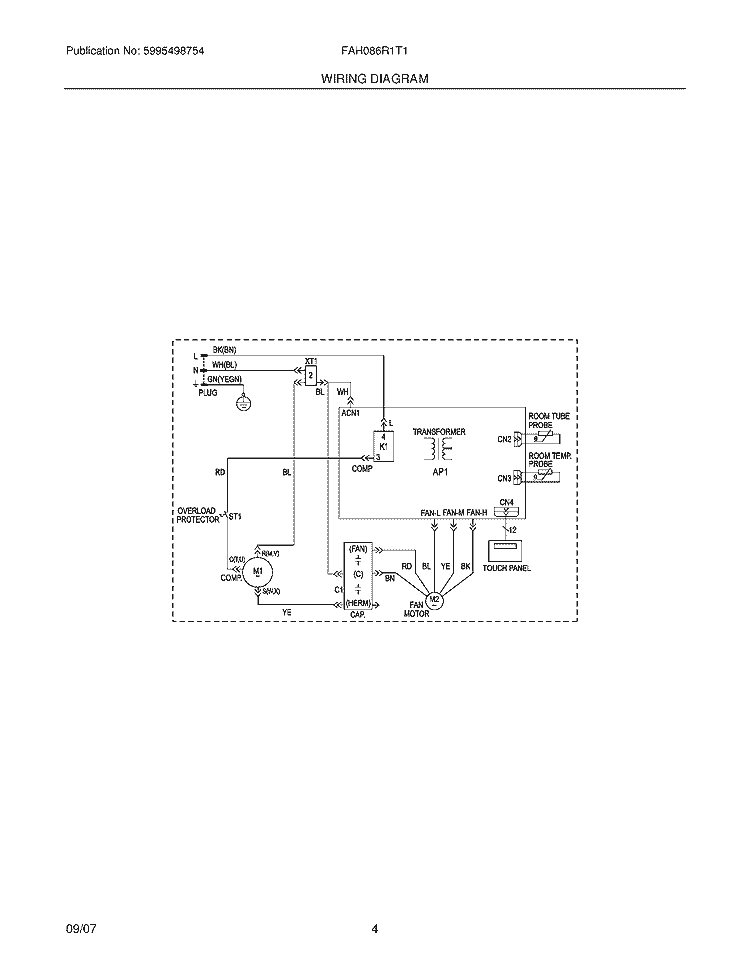 WIRING DIAGRAM Diagram and Parts List for FAH086R1T1  Frigidaire Air Conditioner