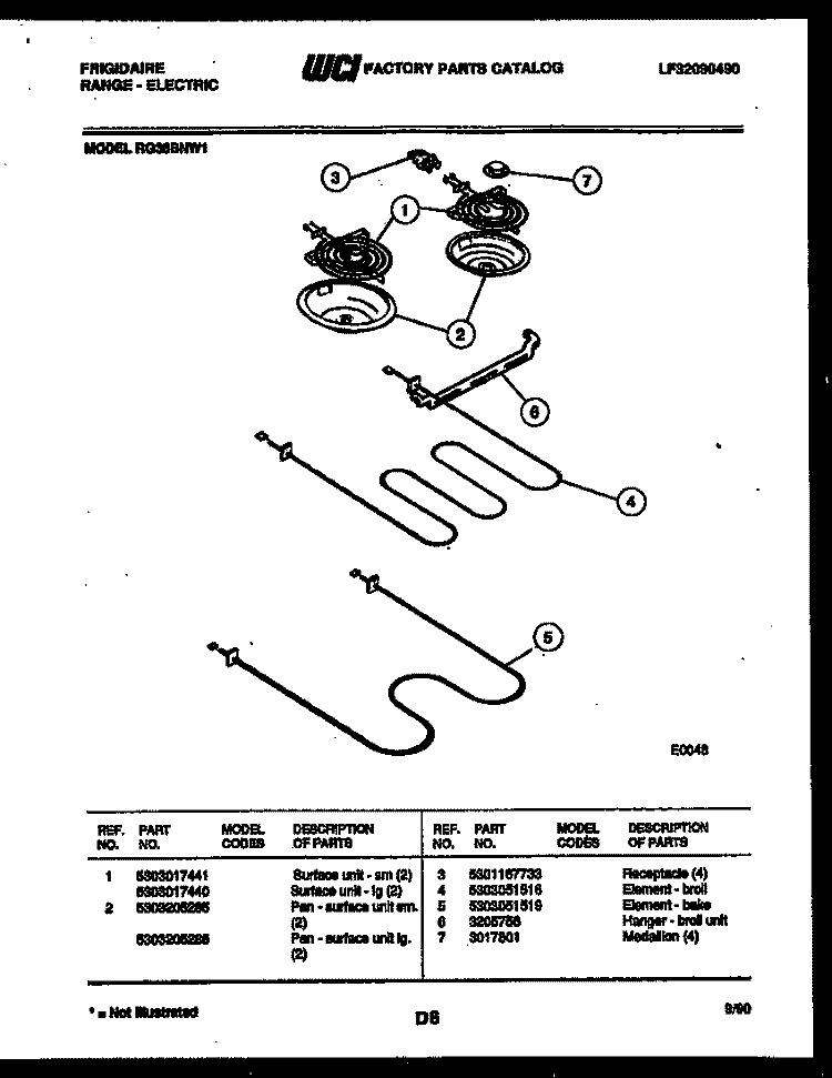 BROILER PARTS Diagram and Parts List for RG36BNW1  Frigidaire Range