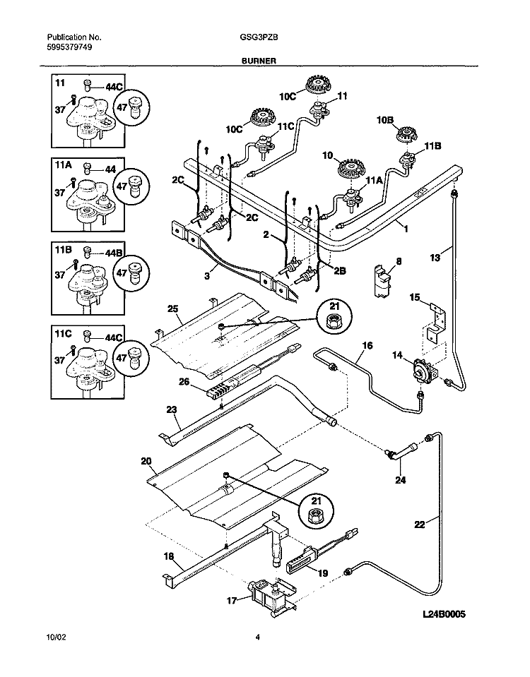 BURNER Diagram and Parts List for GSG3PZBBB  Frigidaire Range