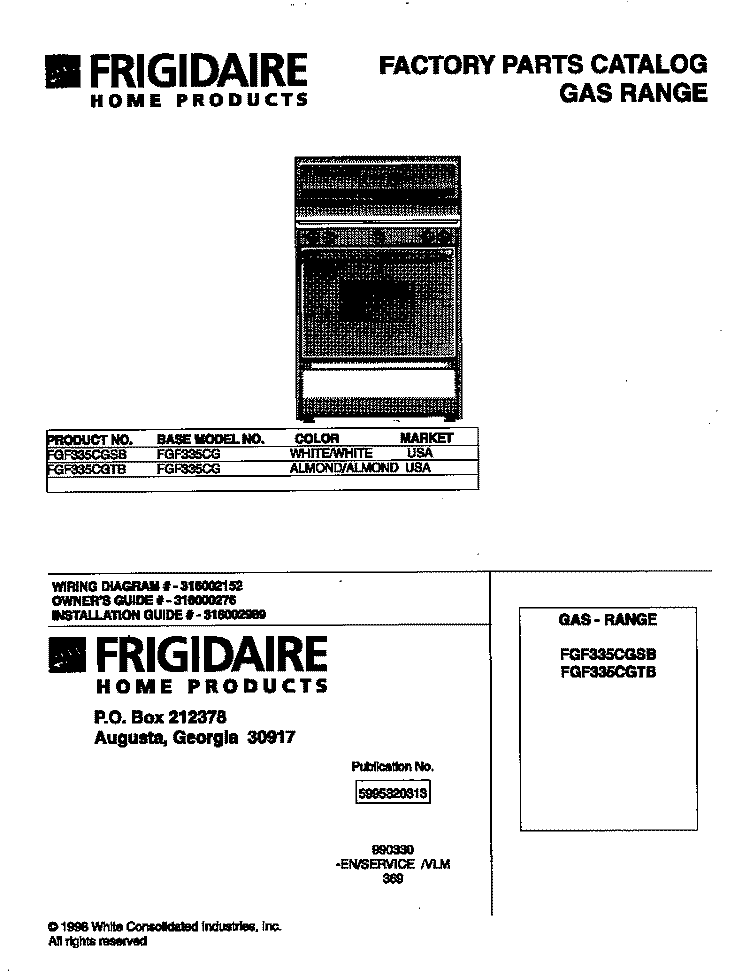 COVER Diagram and Parts List for FGF335CGTB  Frigidaire Range