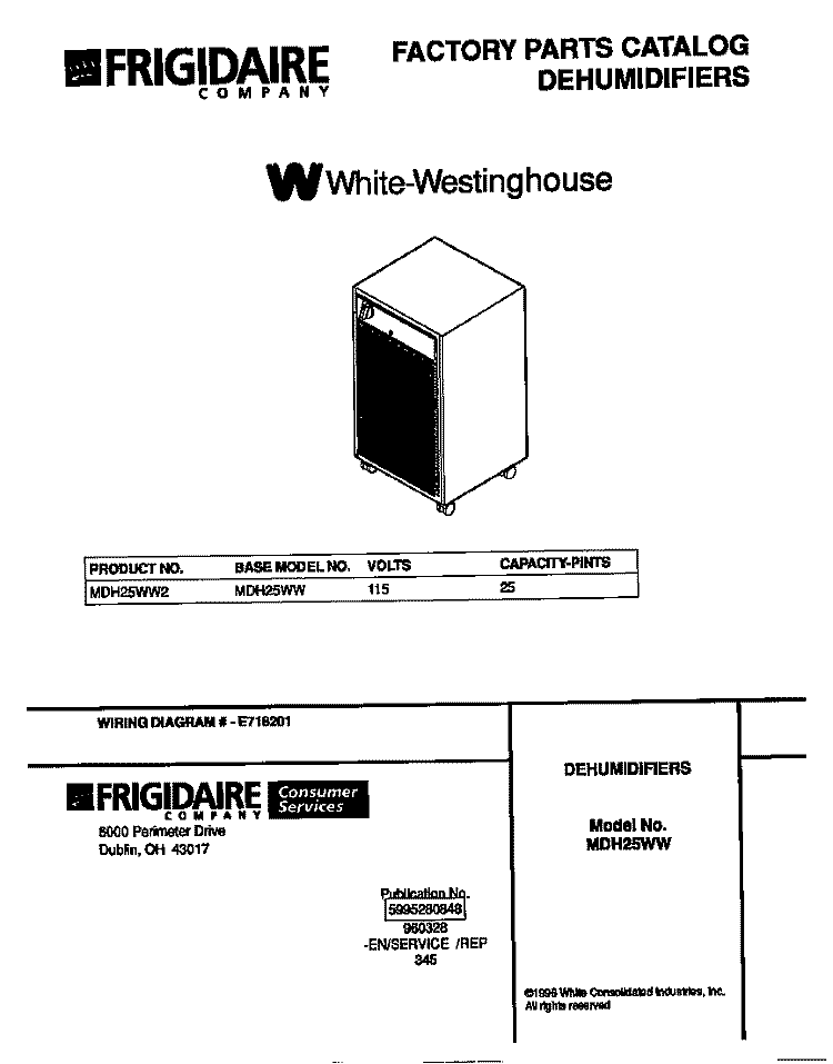 COVER Diagram and Parts List for MDH25WW2  Frigidaire Dehumidifier