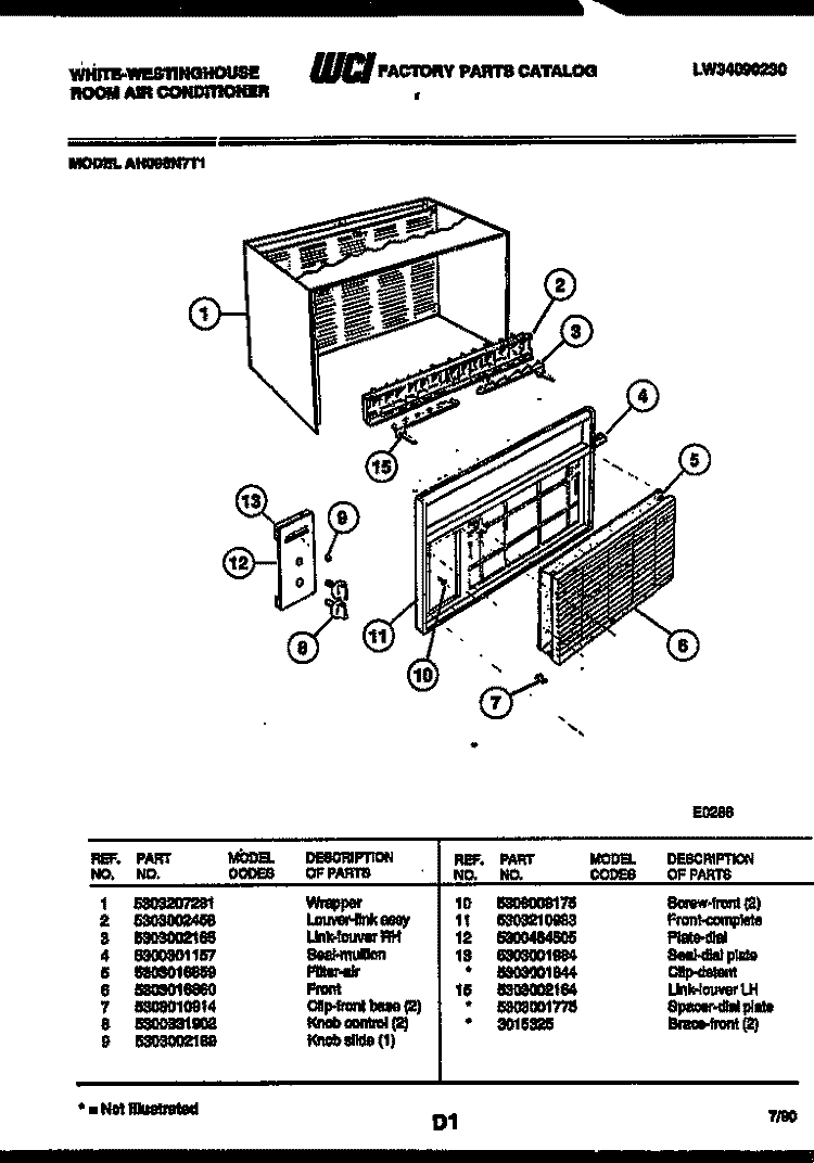 CABINET PARTS Diagram and Parts List for AH086N7T1  Frigidaire Air Conditioner