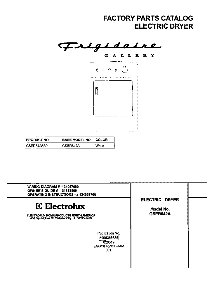 COVER Diagram and Parts List for GSER642AS0  Frigidaire Dryer