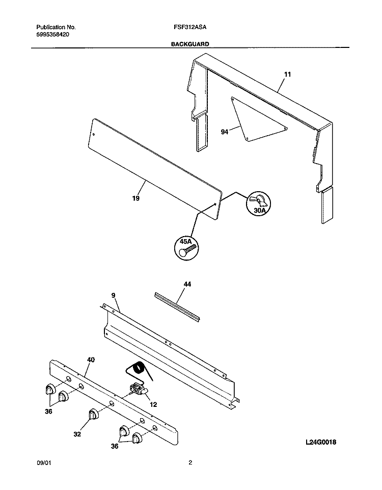BACKGUARD Diagram and Parts List for FSF312ASA  Frigidaire Range