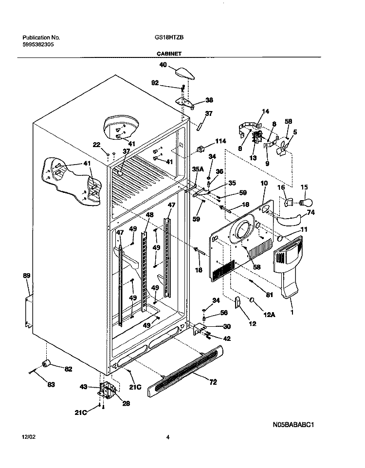 CABINET Diagram and Parts List for GS18HTZBW4  Frigidaire Refrigerator