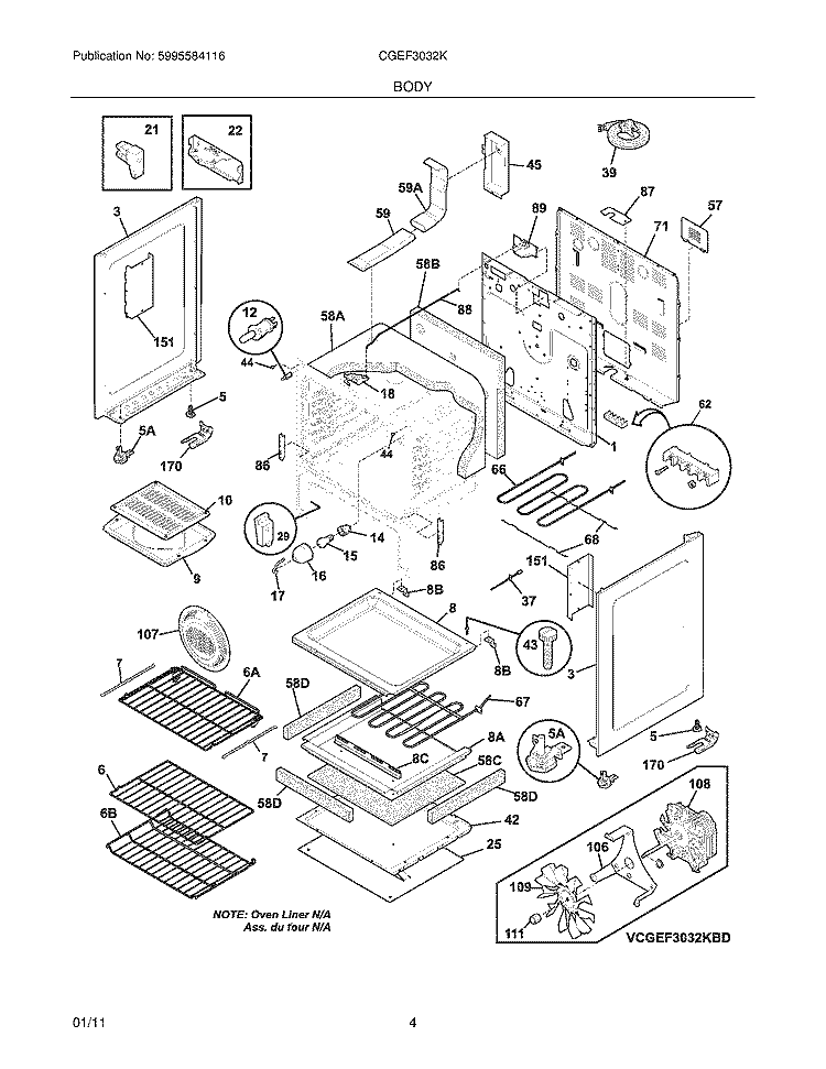 BODY Diagram and Parts List for CGEF3032KWD  Frigidaire Range
