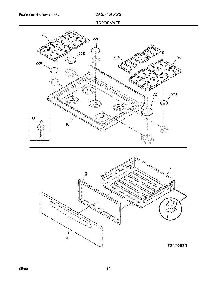 TOP/DRAWER Diagram and Parts List for CRG3490GWWD  Crosley Range