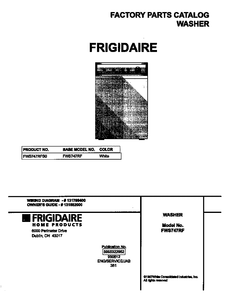 COVER Diagram and Parts List for FWS747RFS0  Frigidaire Washer