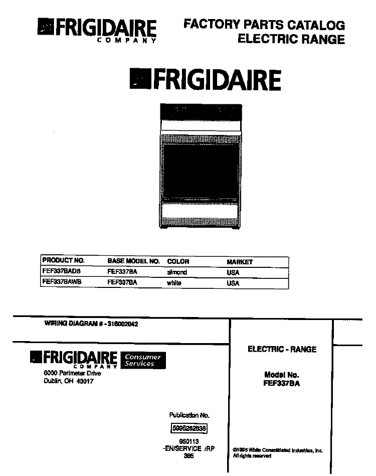 COVER Diagram and Parts List for FEF337BAWB  Frigidaire Range