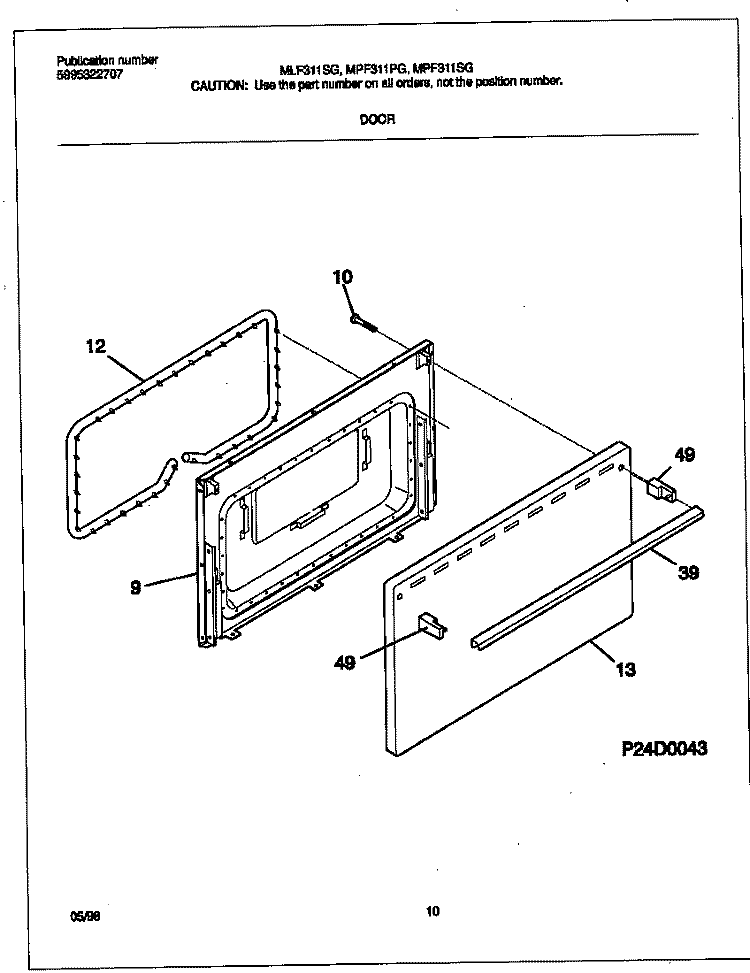 DOOR Diagram and Parts List for MLF311SGDD  Frigidaire Range