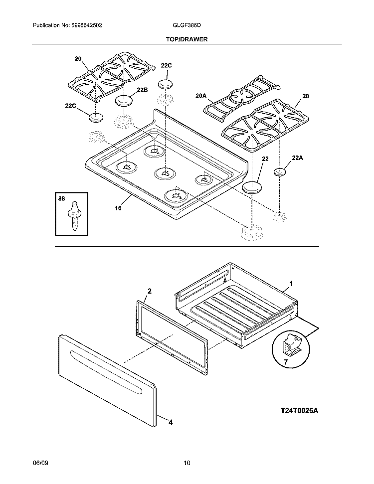 TOP/DRAWER Diagram and Parts List for GLGF386DSK  Frigidaire Range