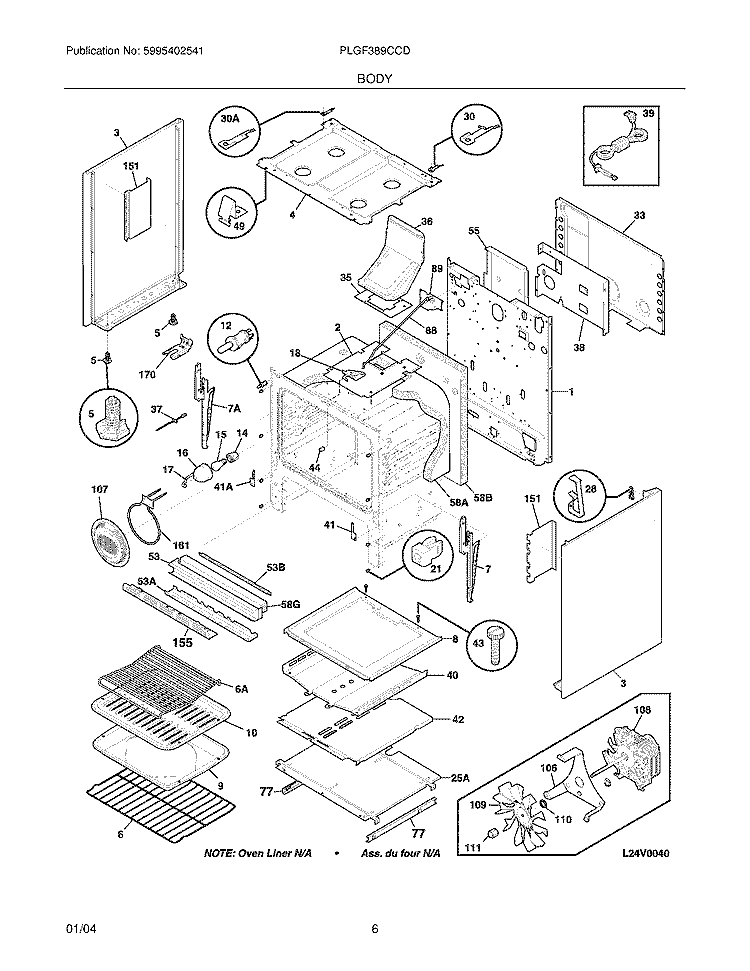 BODY Diagram and Parts List for PLGF389CCD  Frigidaire Range