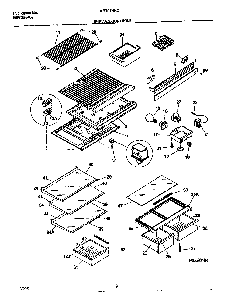SHELVES / CONTROLS Diagram and Parts List for MRT21NNCW2  Frigidaire Refrigerator