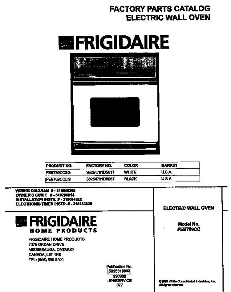 COVER Diagram and Parts List for FEB789CCSG  Frigidaire Wall Oven