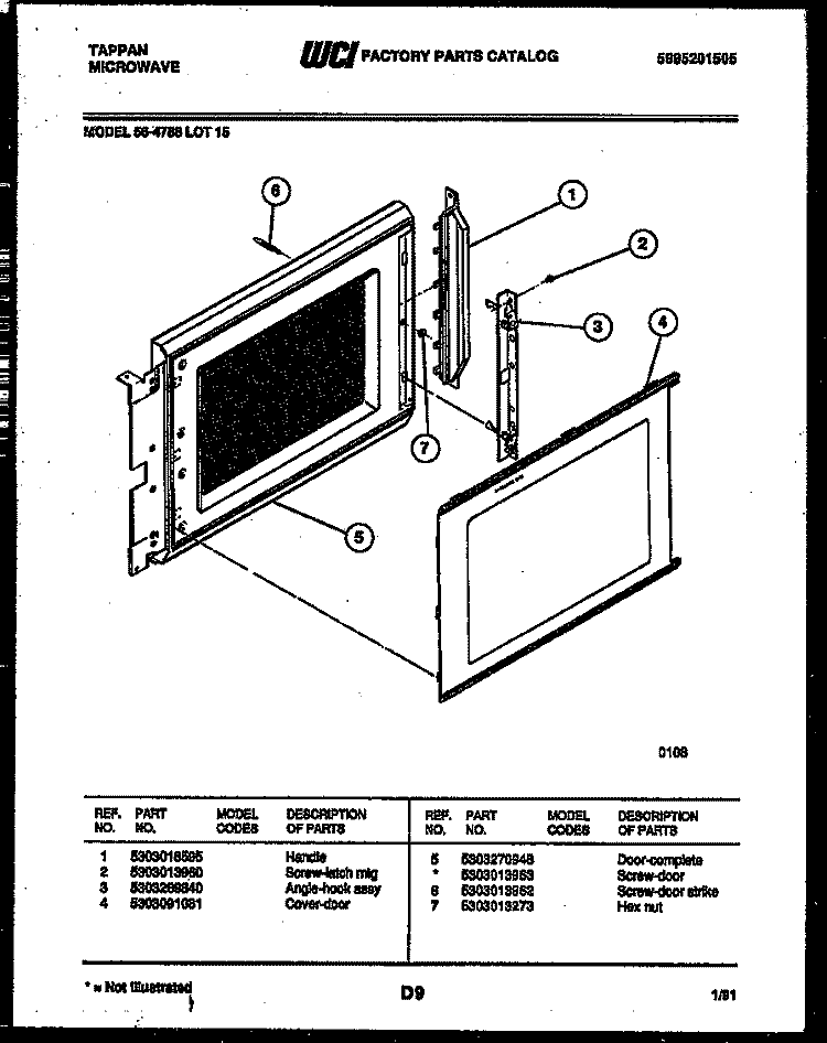 DOOR PARTS Diagram and Parts List for 56-4788-10-15  Tappan Microwave