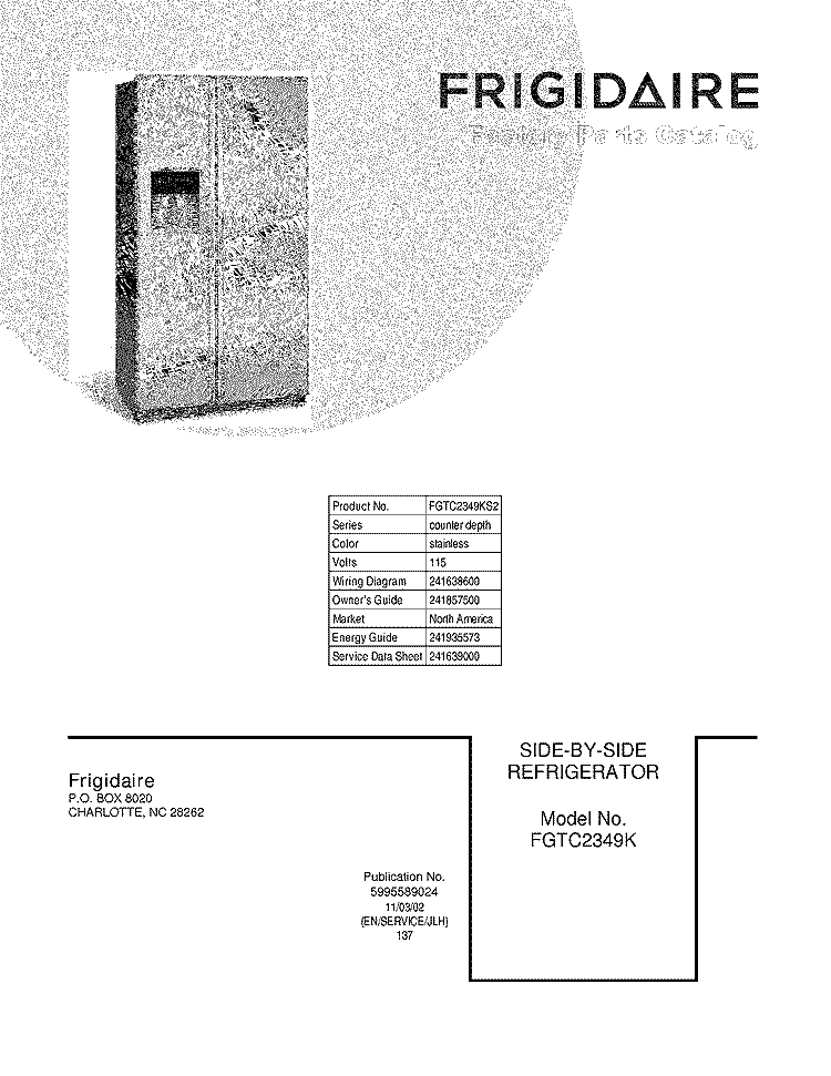 COVER Diagram and Parts List for FGTC2349KS2  Frigidaire Refrigerator