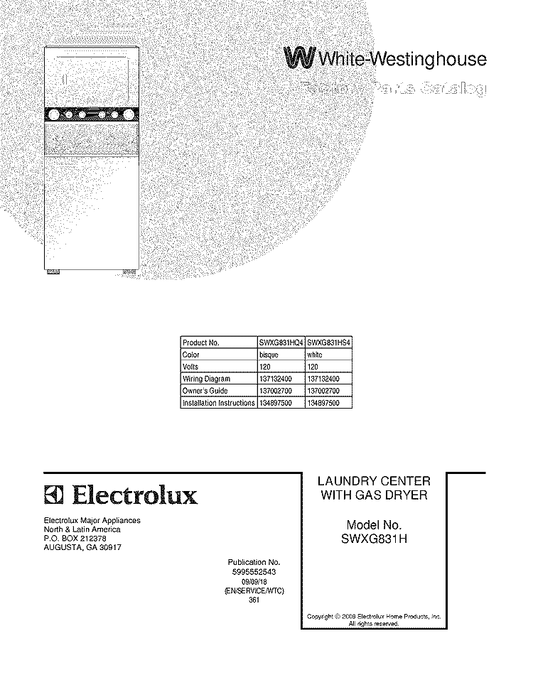 COVER Diagram and Parts List for SWXG831HS4  Westinghouse Washer Dryer Combo