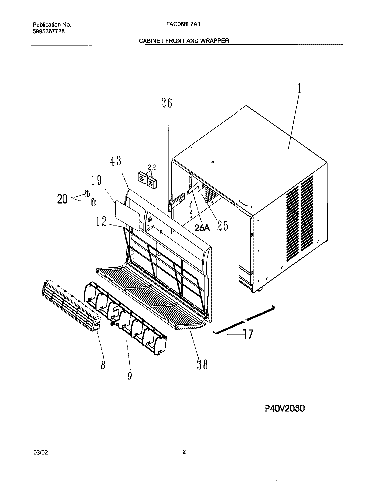 CABINET FRONT AND WRAPPER Diagram and Parts List for FAC088L7A1  Frigidaire Air Conditioner