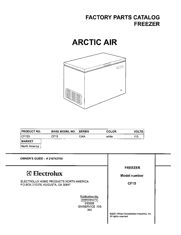 COVER Diagram and Parts List for CF153  Frigidaire Freezer