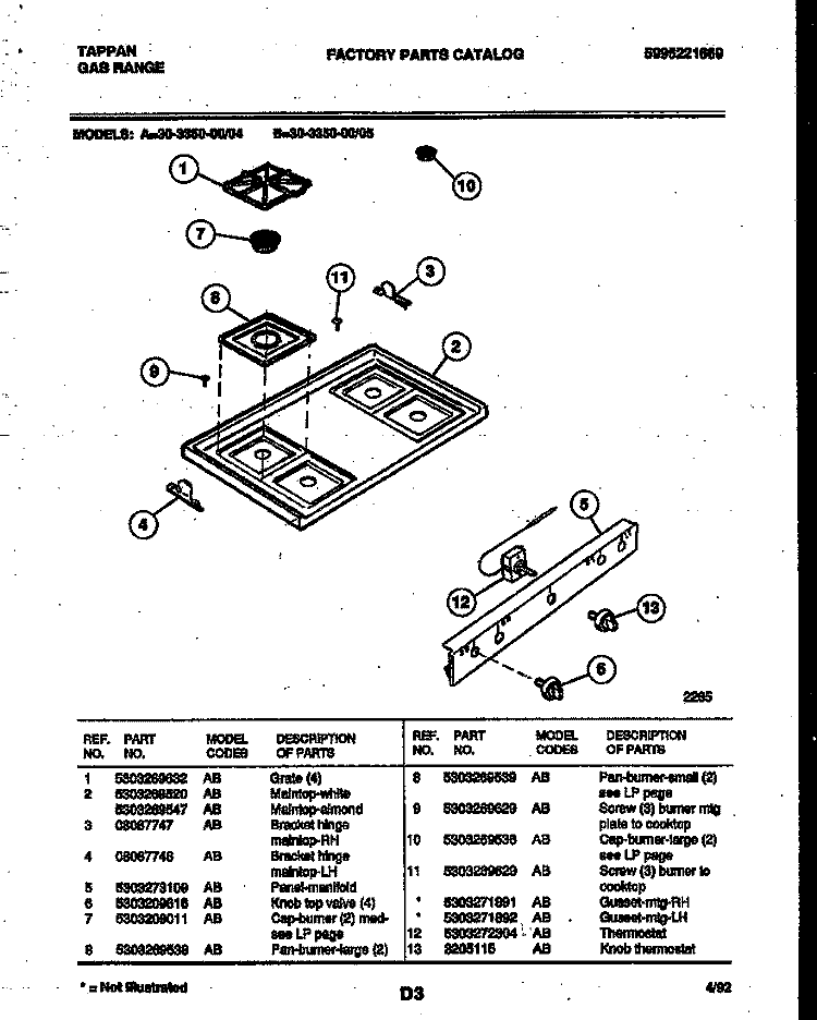 COOKTOP PARTS Diagram and Parts List for 30-3350-23-05  Tappan Range