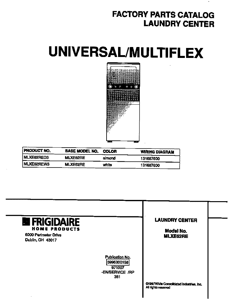 COVER Diagram and Parts List for MLXE62RED3  Frigidaire Washer Dryer Combo