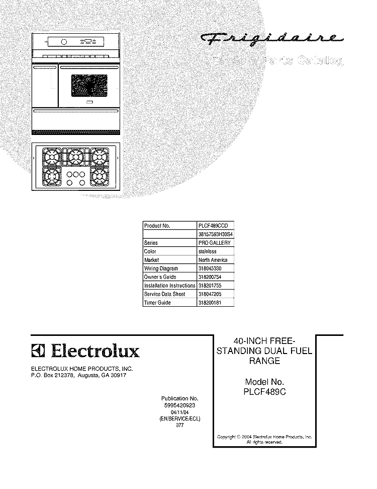 COVER Diagram and Parts List for PLCF489CCD  Frigidaire Range