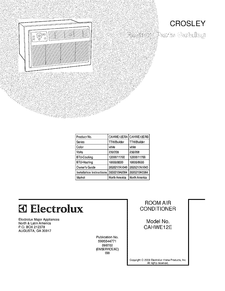 COVER Diagram and Parts List for CAHWE12ERB  Frigidaire Air Conditioner