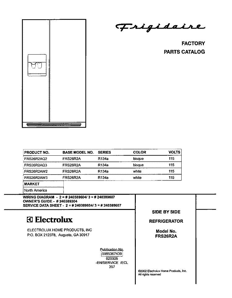 COVER Diagram and Parts List for FRS26R2AW2  Frigidaire Refrigerator
