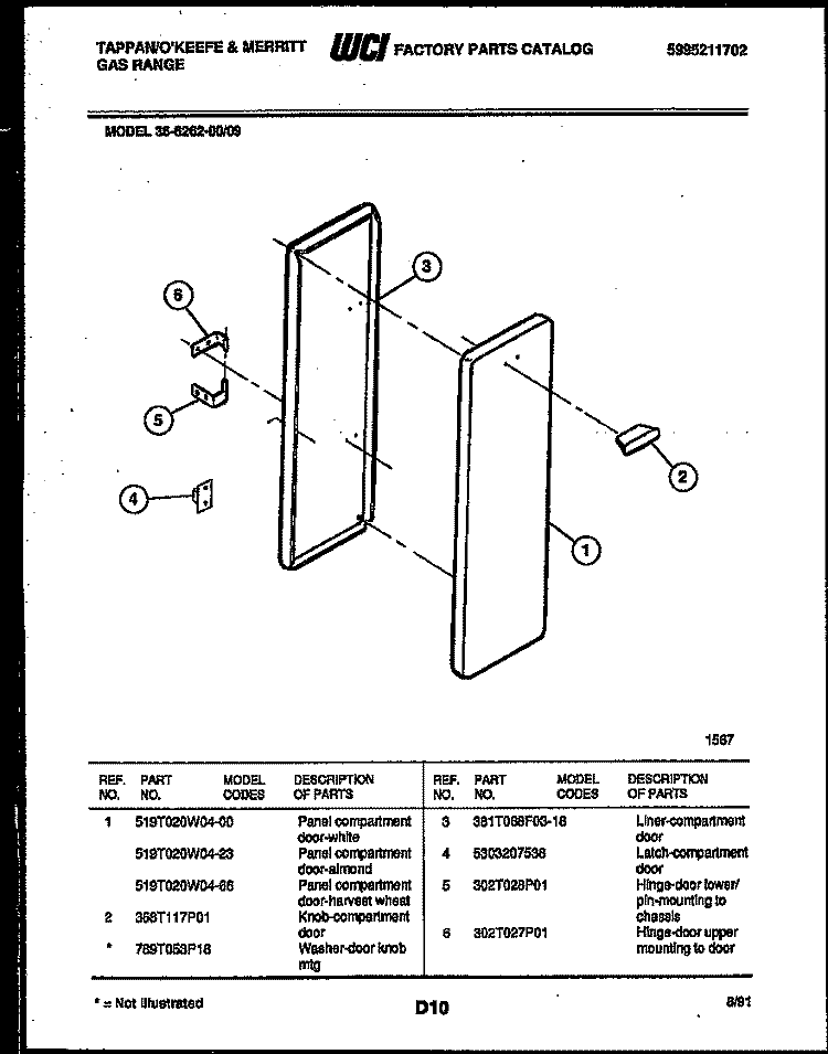 PANEL COMPARTMENT Diagram and Parts List for 36-6262-00-09  Tappan Range