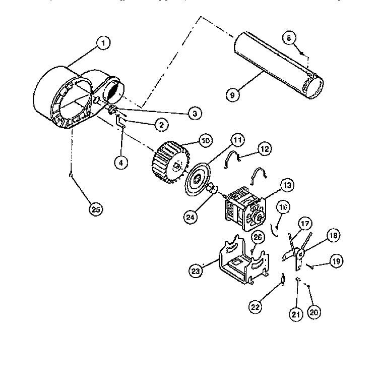 MOTOR, FAN HOUSING, EXHAUST DUCT Diagram and Parts List for DG8800PW0  Frigidaire Dryer