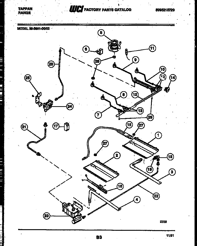 BURNER, MANIFOLD AND GAS CONTROL Diagram and Parts List for 30-3981-23-02  Tappan Range
