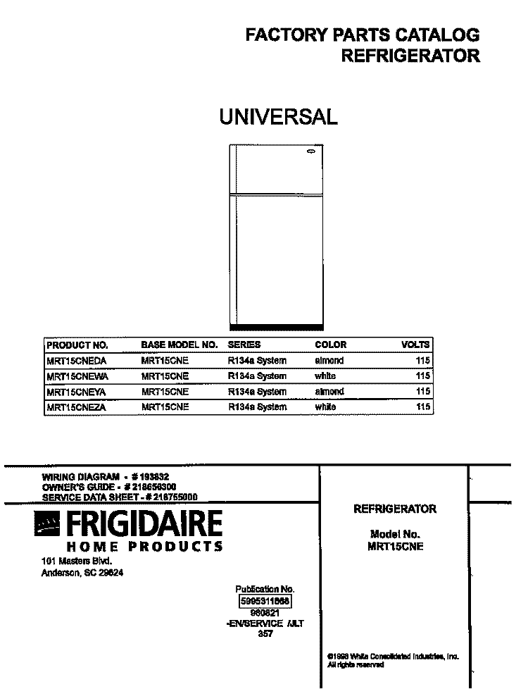 COVER Diagram and Parts List for MRT15CNEZA  Frigidaire Refrigerator