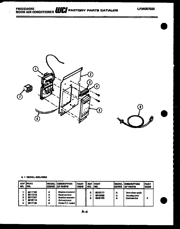 ELECTRICAL PARTS Diagram and Parts List for A06LH5E2  Frigidaire Air Conditioner