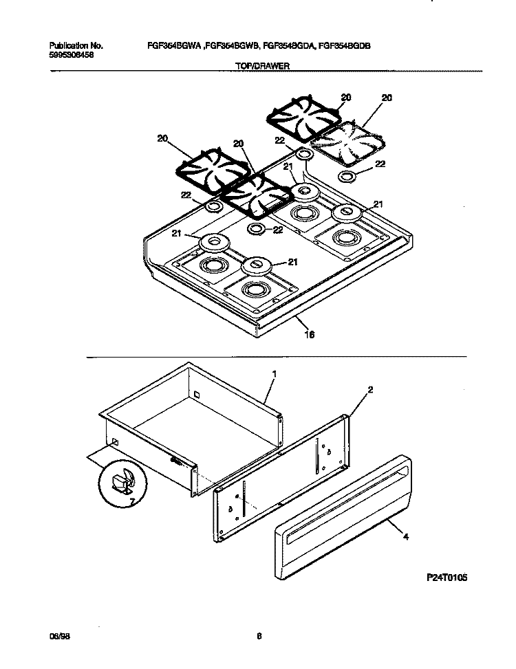 TOP / DRAWER Diagram and Parts List for FGF354BGWB  Frigidaire Range