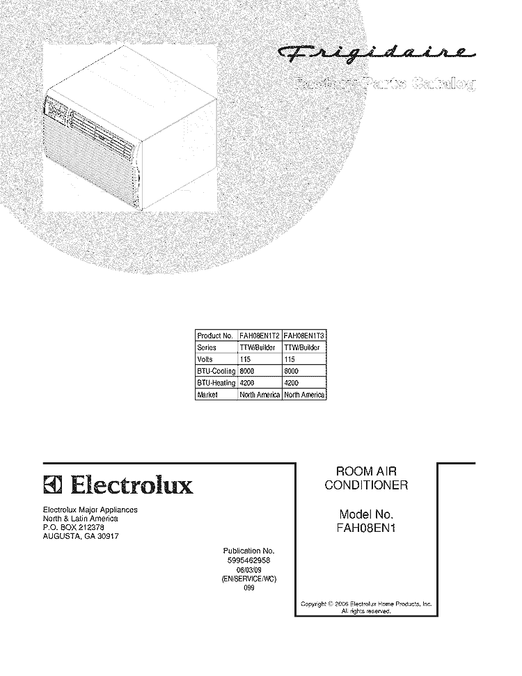 COVER Diagram and Parts List for FAH08EN1T3  Frigidaire Air Conditioner