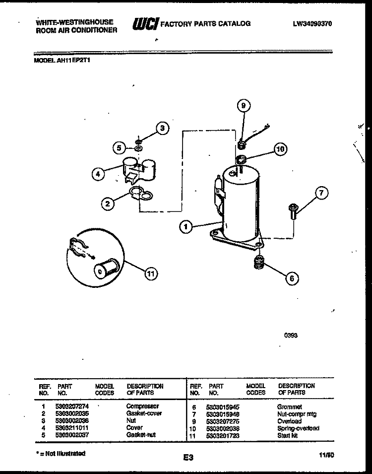 COMPRESSOR PARTS Diagram and Parts List for AH11EP2T1  Frigidaire Air Conditioner