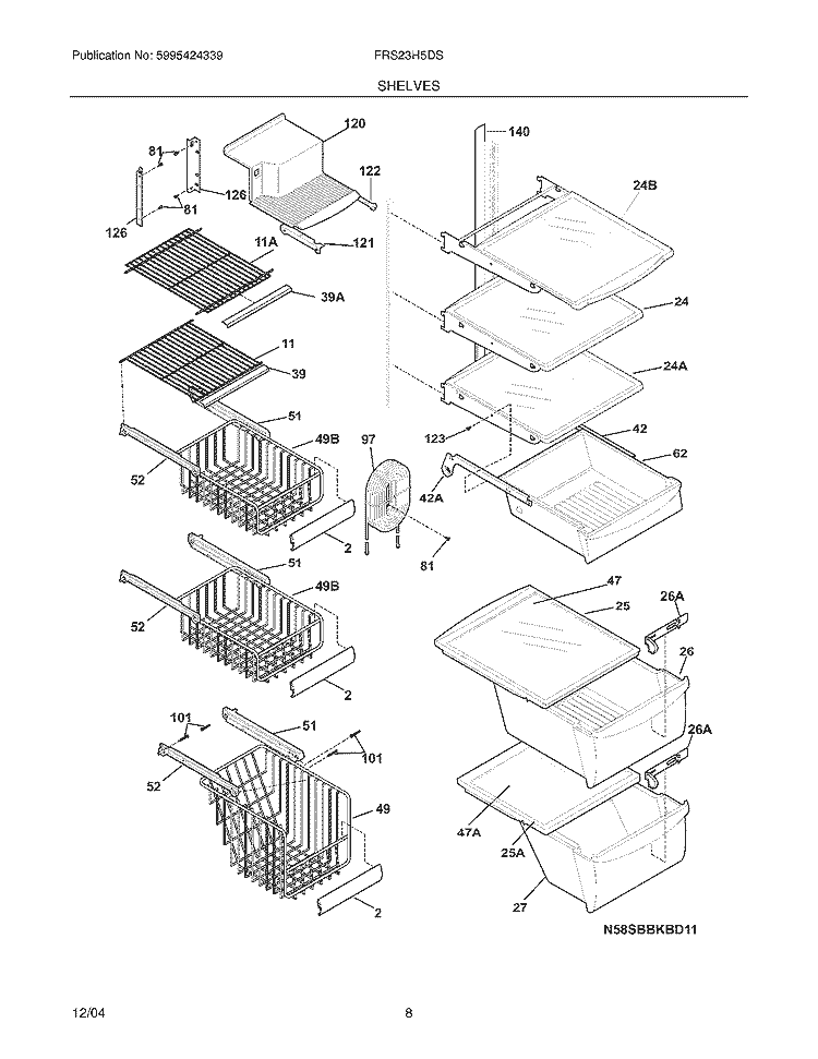 SHELVES Diagram and Parts List for FRS23H5DSB5  Frigidaire Refrigerator