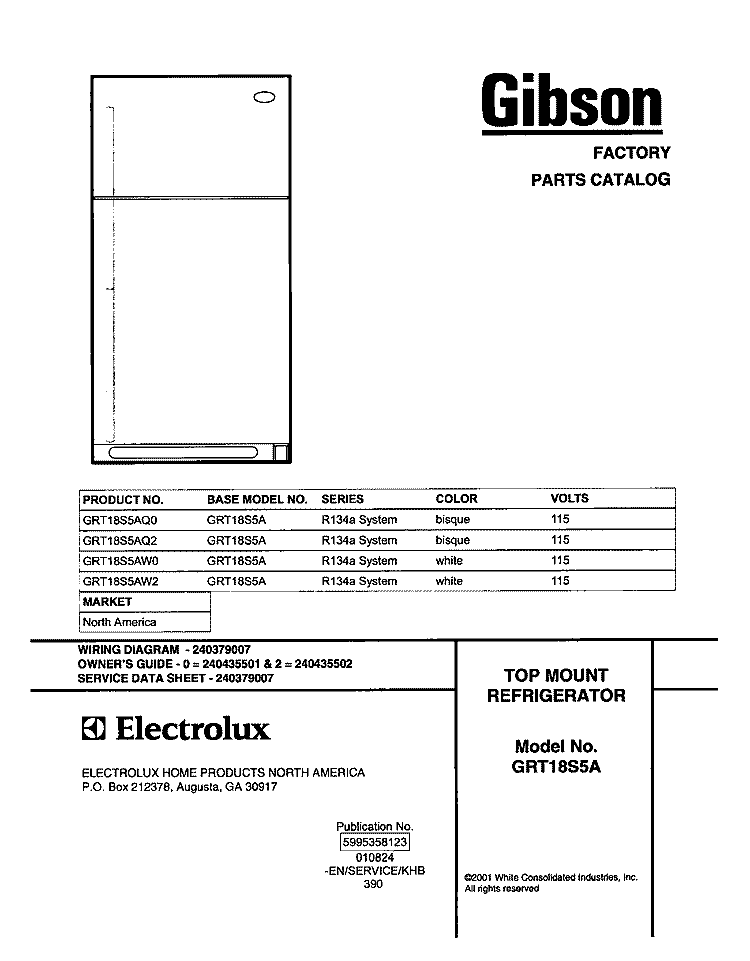 COVER Diagram and Parts List for GRT18S5AW2  Gibson Refrigerator