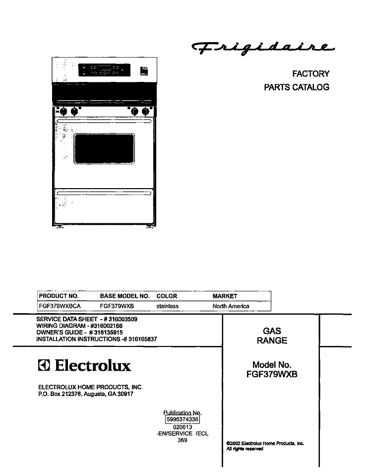 COVER Diagram and Parts List for FGF379WXBCA  Frigidaire Range